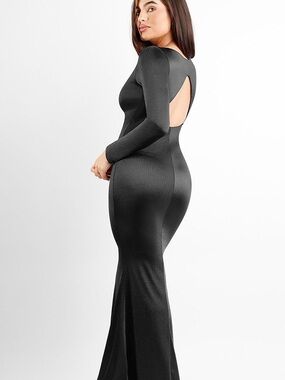 NWT Popilush Shine Long Sleeve Black Cutout Back Maxi Dress shaping Size L
